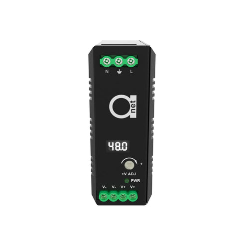 Beefy 48V DIN Rail Power Supply Pumping 120W Regulated Output With Adjustable 48 To 52V Range And Crisp Led Readout Mated With 12 Port Dc Distribution Kit, front view showing digital readout.