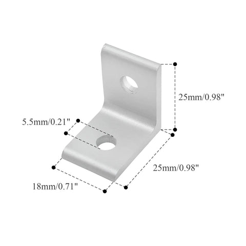 Diagram of 10 Pack Inside Corner Brackets For 2020 Aluminum Extrusion, 2 Hole L Shape Connectors, dimensions 25x25x18 mm.