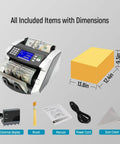 Fast Money Counter With Touch Screen And Multicurrency Support USD EUR CAD MXN, Four-Way Counterfeit Detection, box dimensions