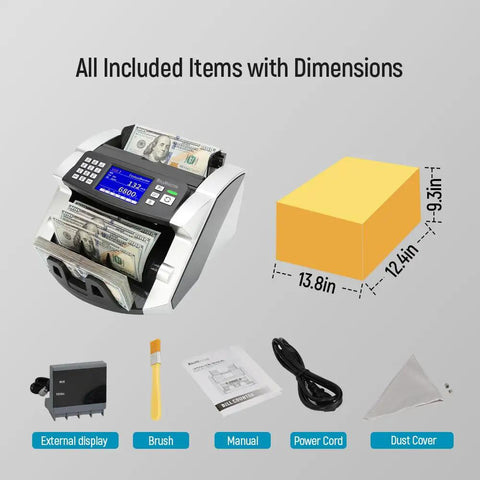 Fast Money Counter With Touch Screen And Multicurrency Support USD EUR CAD MXN, Four-Way Counterfeit Detection, box dimensions