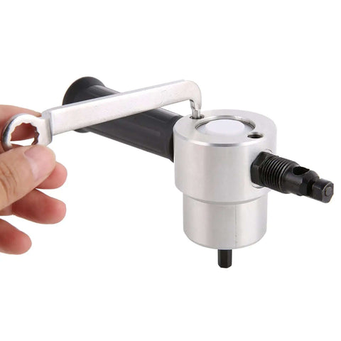 Double Head Metal Nibbler Drill Attachment for electric and pneumatic tools, 160A cutter shown with a wrench for installation adjustment