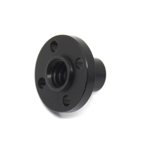 Close-up of an 8mm black TR8x4 lead screw nut in POM material for CNC machines and 3D printers, side view of the nut with visible threading.
