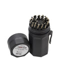 Knockout 29 Piece Drill Bit Set Featuring Jobber Length 135 Degree Split Point Tips With Black And Gold Titanium Coating in storage case.