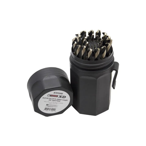 Knockout 29 Piece Drill Bit Set Featuring Jobber Length 135 Degree Split Point Tips With Black And Gold Titanium Coating in storage case.