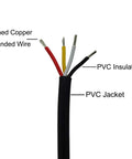 Close-up of 22 AWG UL2464 Power Cable Four Conductors LED Wire Red Black Yellow White Tinned Copper 25 Feet Flexible PVC Jacket 300V