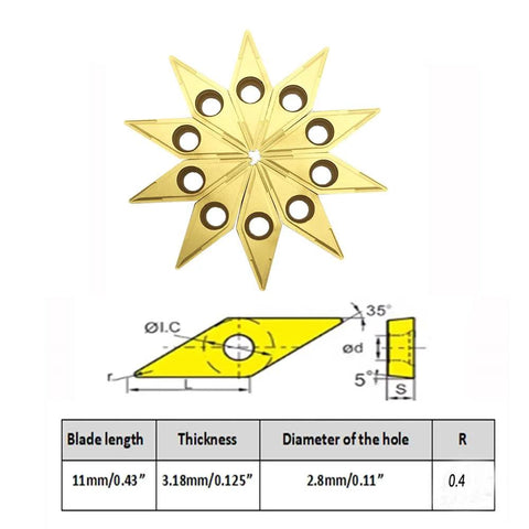 VCMT110304/VCMT32.51 carbide turning inserts, gold-coated with 2.8mm holes, set of 10 in star layout