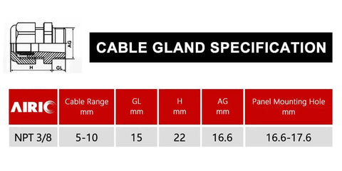 Technical diagram of 12 Pack 3/8 Inch NPT Cable Glands Nylon PA66 IP68 Waterproof Adjustable Power Strain Relief Cord Grips.