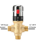 TreMax thermostatic mixing valve with brass body and chrome knob, 1/2 in NPT threads; front view.