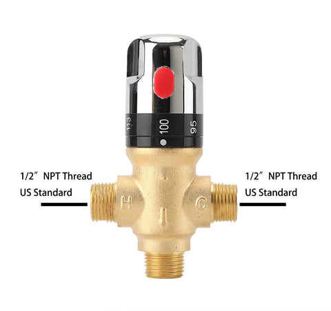 TreMax thermostatic mixing valve with brass body and chrome knob, 1/2 in NPT threads; front view.