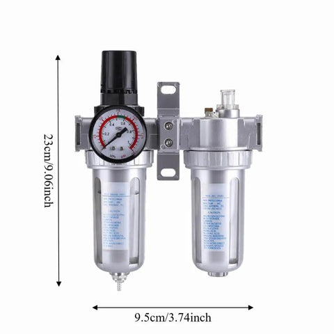 All In One Dual Unit Pneumatic Air Treatment System With Regulator, Filter, And Lubricator, size 23cm by 9.5cm