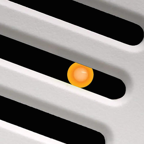 Close-up of Slim SLM70H No Frills Exhaust Bath Fan With Humidity Sensor showing vent design with orange LED indicator light visible.