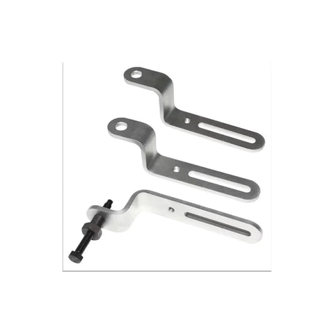 Engine timing tool kit components: three silver L-shaped metal arms with slots and a clamp bolt