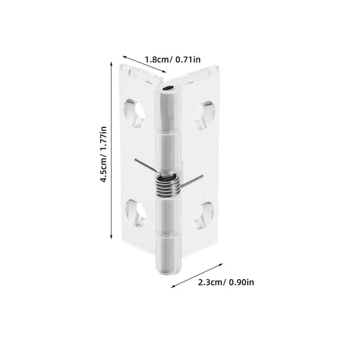 Hidden Acrylic Door Hinges With Self-Closing Spring Mechanism, dimensions shown, sleek stainless steel, clear and modern