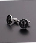 Cross Pattern Black Titanium Steel Cufflinks For Men, Slick Shirt Fasteners For Casual And Formal Wear, Premium Quality, Durable, Polished Finish