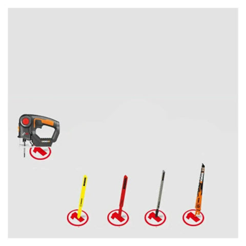 20V Cordless 2 In 1 Reciprocating Saw And Jigsaw With Tool Free Blade Swap displaying assorted blades for wood and steel cutting.