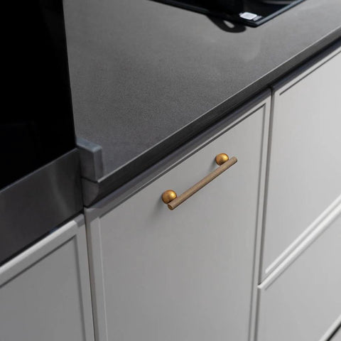 Kitchen cabinet with Six Pack 5 Inch Knurled Antique Brass Bar Pulls With Round End Mounts, Solid Zinc Alloy Handles