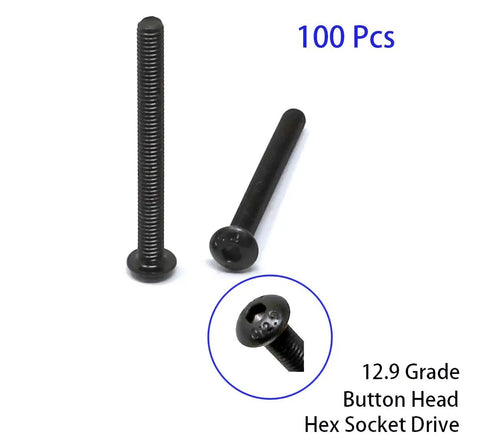 100 Pcs M3 30mm Hex Socket Button Head Cap Screws Kit Black Oxide Finish Alloy Steel 12.9 Grade 0.5mm Thread Pitch