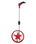 Hella Portable Foldable Distance Measuring Wheel With Bright Lcd Screen And Built In Carry Strap Rolls Out Smooth For Contractors And Handyman Teams, red and silver design, side view.