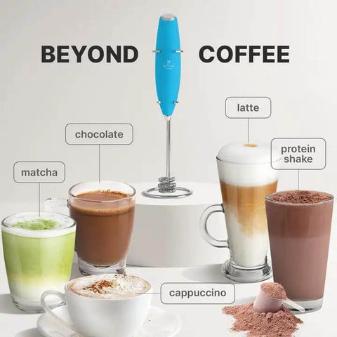 All Star Handheld Milk Frother Electric Drink Mixer Wand For Coffee Lattes Cappuccinos And Hot Cocoa Blends on display with beverages.