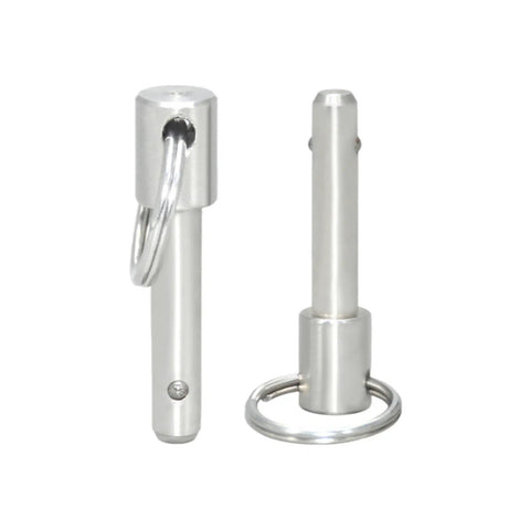 Rugged 10mm Stainless Steel Quick Release Pin With Push Pull Mechanism For Tool Free Locking, High Load Capacity And Corrosion Resistant Design showing two pins with rings.