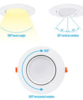 Diagram showing 6 Inch Gimbal LED Recessed Light with 100° beam angle, 30° vertical rotation, 355° horizontal swivel.