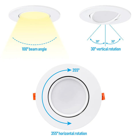 Diagram showing 6 Inch Gimbal LED Recessed Light with 100° beam angle, 30° vertical rotation, 355° horizontal swivel.