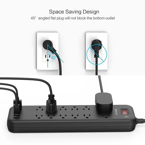 Power Strip Surge Protector With 12 Outlets, 4 USB Ports, And 1 USB-C Port 5V 3A, 2360 Joules, angled flat plug design