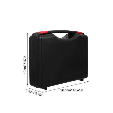 Go Anywhere Plastic Tool Box Organizer With Tight Seal Lid And Balanced Handle, compact black storage box with dimensions.