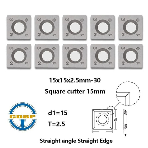 Front view of 10 CDBP 15mm square carbide inserts for woodturning, 15×15×2.5mm, straight edge