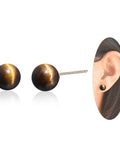 Tiger Eye Stone Stud Earrings 8mm Brown Round Gemstone Jewelry In 14K Gold Plated Finish For Women, side view
