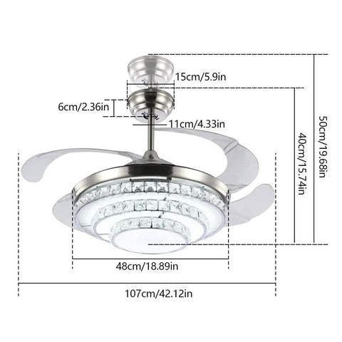 Dope Modern K9 Crystal Ceiling Fan With Lights And Remote dimensions showing 42 inch diameter and retractable acrylic blades.