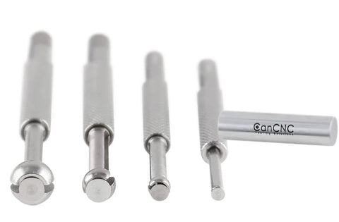 Accusize 4-piece ball-type hole gauge set; silver knurled handles with CanCNC storage tube; inch/mm sizes.