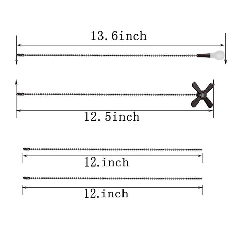 Extra Long Ceiling Fan Pull Chain Featuring Decorative Frosted Glass Bulb Accent And Heavy Duty Replacement Cord Fits Standard 3MM Rods In Sleek Oil Rubbed Bronze dimensions showing 13.6inch and 12.5inch lengths.