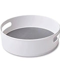 12 Inch Non Skid Lazy Susan Turntable Organizer With Easy Glide Spin And Sturdy Handles For Kitchen Pantry Cabinet Bathroom Laundry Garage. White tray with gray surface.