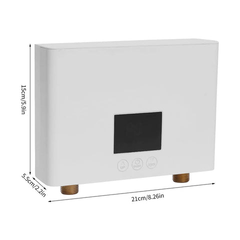 Heavy Duty 3000W Tankless Electric Water Heater with Slick LCD Screen dimensions 21cm x 15cm in wall mount design.