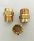 Brass End Feed Solder Cup Connector BSP Male To Solder Cup Fitting For Air Conditioning And Garden Hose, Multi Size Set In Three Eighths Inch, One Half Inch, Three Quarters Inch, And One To Four Inch, Heavy Duty Weatherproof Plumbing Part. Brass BSP male fittings shown in three views