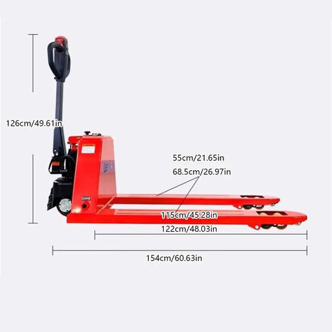 Powerful Full Electric Pallet Jack 4400 Lb Capacity For Moving Heavy Loads Smoothly In Narrow Spaces With Lithium Battery and Easy Walk Operate Industrial Truck dimensions labeled on red pallet jack.