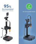 Front and side views of vertical heat-set insert tool press with 90W soldering iron and M2–M8 tips.