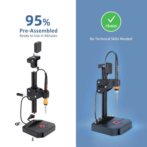 Front and side views of vertical heat-set insert tool press with 90W soldering iron and M2–M8 tips.
