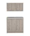 Totally Fresh Two Part Storage Cabinet In Light Gray Featuring Heavy Duty Engineered Wood Craft And Huge Countertop Area, showing upper and lower sections.