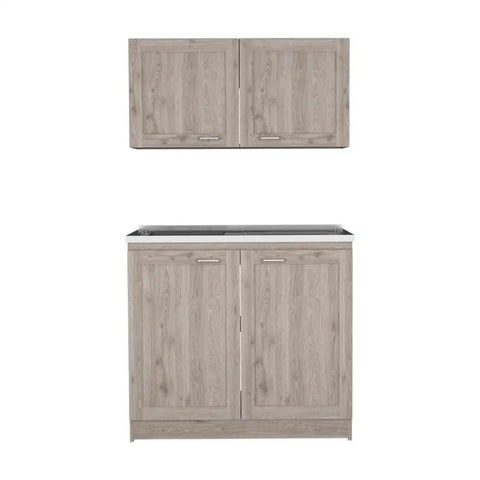 Totally Fresh Two Part Storage Cabinet In Light Gray Featuring Heavy Duty Engineered Wood Craft And Huge Countertop Area, showing upper and lower sections.