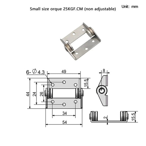 High-torque damping hinge, 304 stainless steel, small size with mounting holes and 2.5 N·m