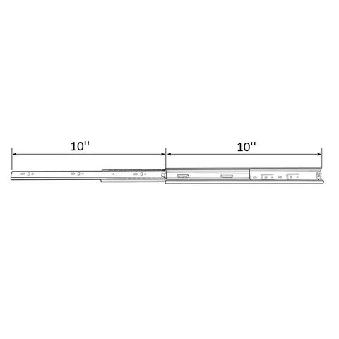 Diagram of 10 Inch Full Extension Ball Bearing Drawer Slides, black, heavy duty, showing 255 mm length; supports up to 100 lb.