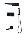 Premium Matte Black Shower System With Thermostatic Faucet Set featuring rainfall head, handheld sprayer, and thick copper valve.