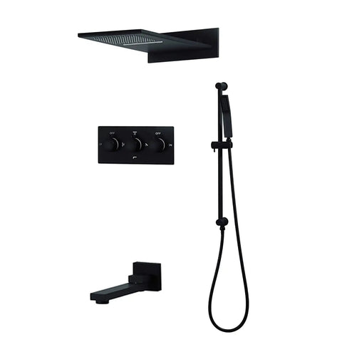 Badass Black Thermostatic Shower Set Wall Mounted With Rainfall Head And Handheld Mixer Combo. Modern design with adjustable spout.