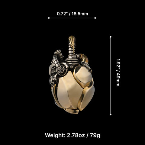 Beating Mechanical Heart Pendant Necklace Steampunk Style Jewelry With Gears And Vascular Details, brass and white bronze, 1.92x0.72 in