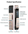 Super Secure Keyless Smart Door Lock With Touchscreen Fingerprint Entry And Electronic Password Backup Mechanical Key front and back panel specifications.