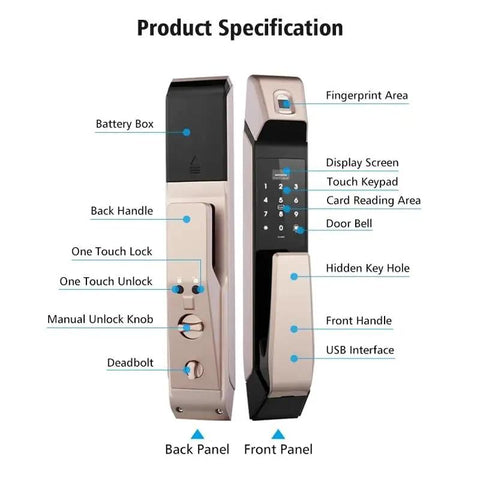 Slick Smart Door Lock with Touch to Wake Fingerprint Scanner Electronic Password Card Key Access Digital Keyless Entry back and front panel specifications.