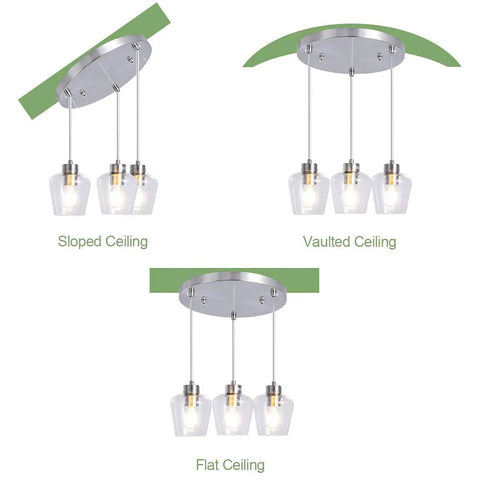 Three Light Pendant Lighting With Clear Glass And Adjustable Silver Cord In Brushed Nickel For Kitchen Island Dining Bar setup