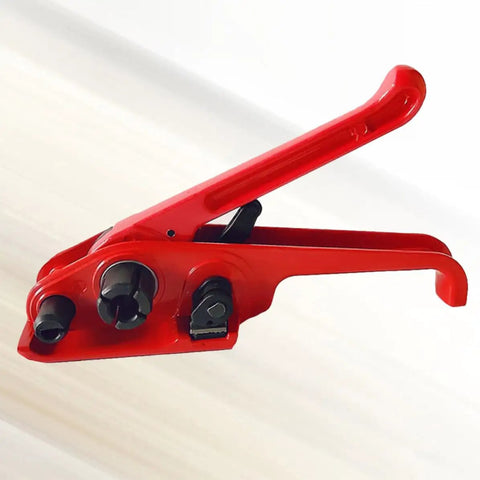 Manual Pet Strap Tensioner Tool With Palm Grip Handles Lightweight Portable Design Durable Steel Frame Quick Seal Fastener close-up view.